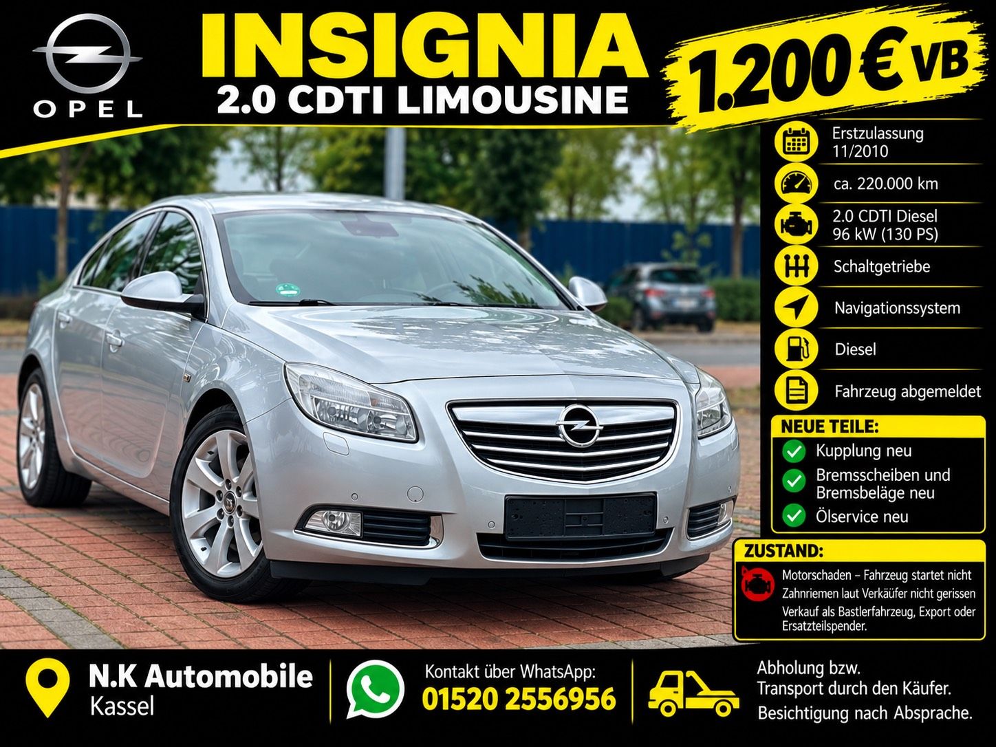 Opel Insignia 2.0 CDTI Limousine – Motorschaden – Export/Bastler